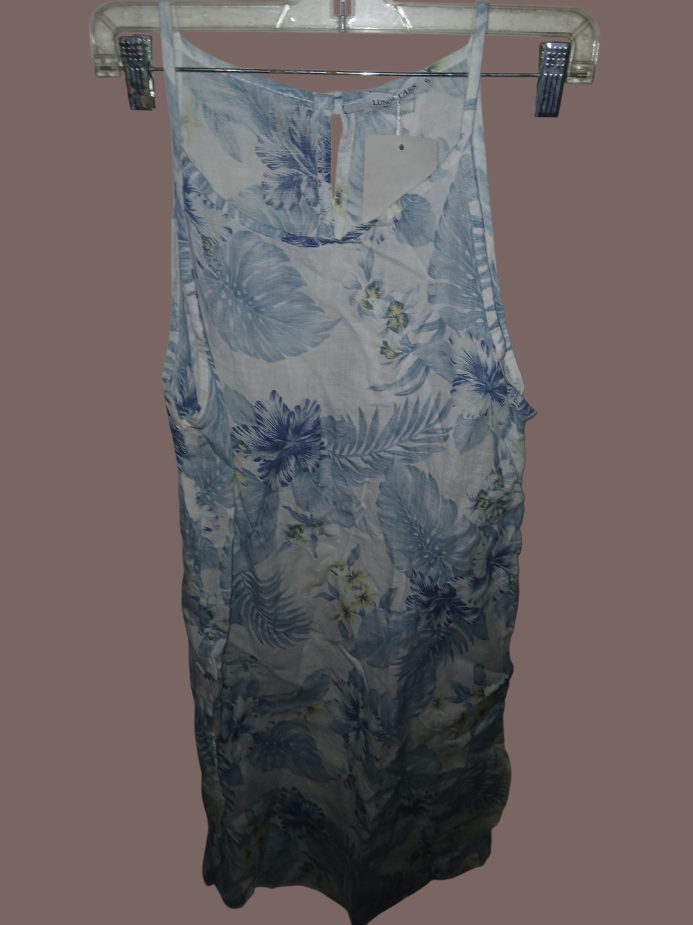 LUNGIO LARNO Linen Blend Light Blue Floral Tank Dress Small